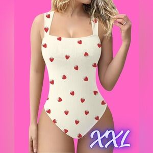 OQQ Bodysuit For Women Sexy Ribbed Strappy Square Neck Stretch Strawberry